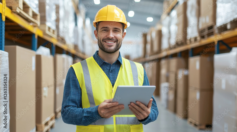 Happy warehouse worker using tablet in storage facility Happy warehouse worker using tablet in storage facility