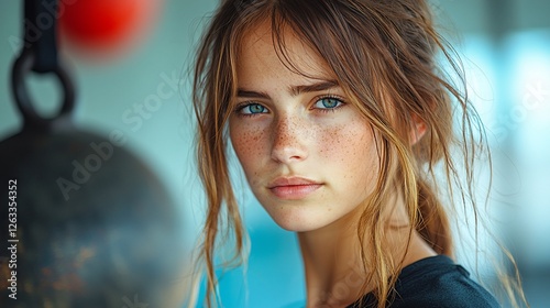 Freckled Teen Girl Portrait, Gym Background, Fitness photo