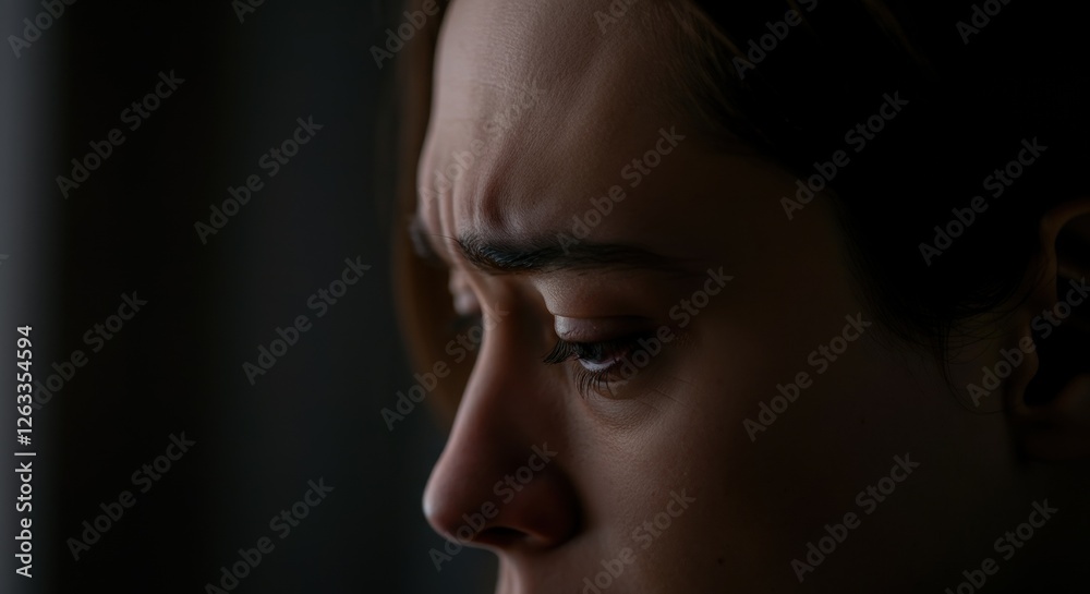 Close-up of caucasian female adult deep in thought with worried expression Close-up of caucasian female adult deep in thought with worried expression