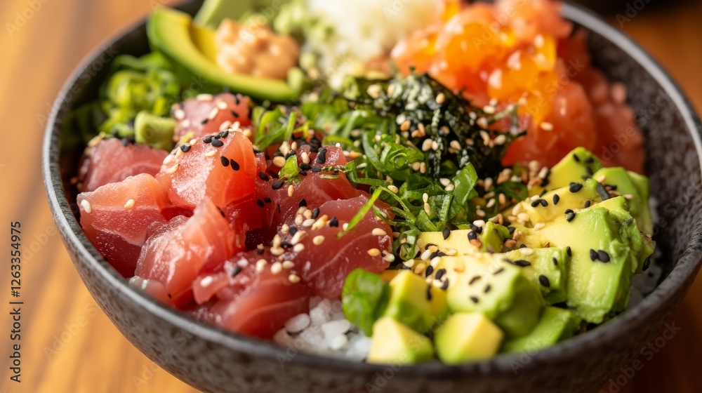 Close-up of Vibrant Poke Bowl Tuna, Avocado, Salmon, Rice, Sesame Seeds, Sushi, Hawaiian Close-up of Vibrant Poke Bowl Tuna, Avocado, Salmon, Rice, Sesame Seeds, Sushi, Hawaiian