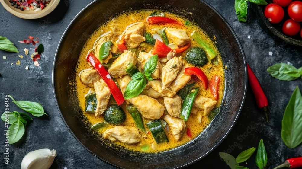 Chicken Green Curry in Wok Overhead View, Thai Cuisine, Recipe, Food Photography Thai food, Green curry Chicken Green Curry in Wok Overhead View, Thai Cuisine, Recipe, Food Photography Thai food, Green curry