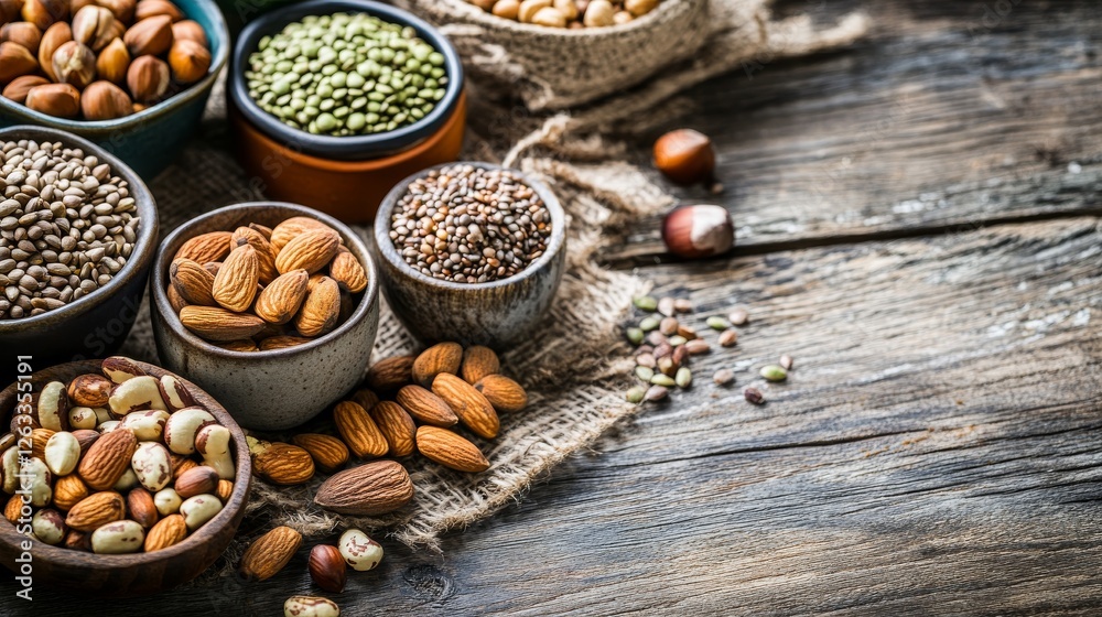 High-Angle Close-Up of Assorted Nuts and Seeds in Bowls on Wooden Table, Vegan Food, Healthy Eating, Superfoods vegan diet, healthy recipes High-Angle Close-Up of Assorted Nuts and Seeds in Bowls on Wooden Table, Vegan Food, Healthy Eating, Superfoods vegan diet, healthy recipes