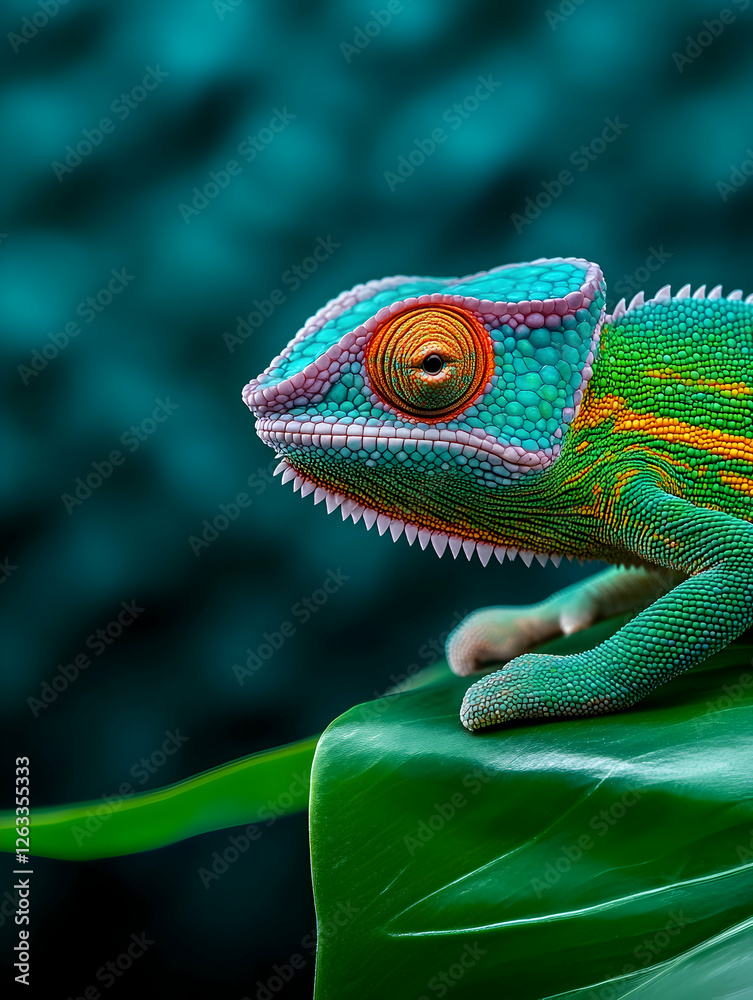 Fototapeta premium Colorful chameleon perched on a leaf with blue background, suitable for advertising. Generative AI