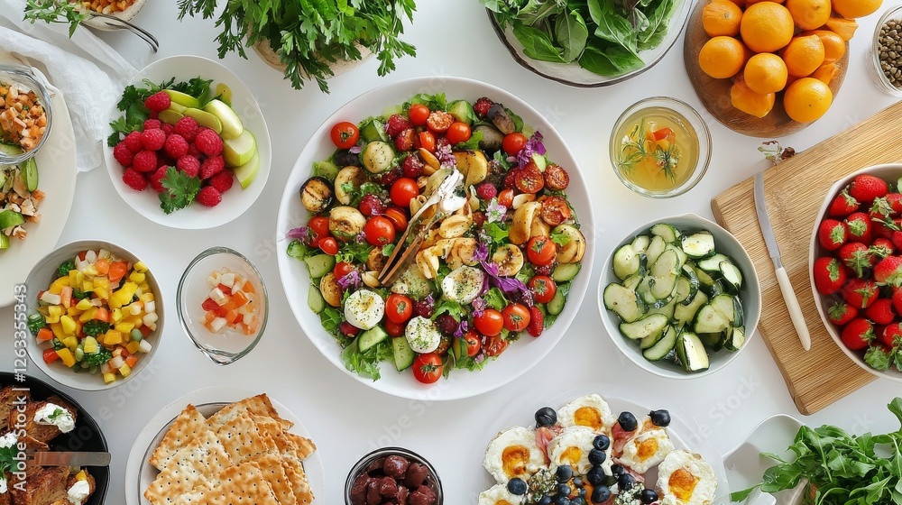 Overhead Flatlay of Vibrant Summer Salad with Various Healthy Dishes, summerfood healthyeating foodphotography flatlay Overhead Flatlay of Vibrant Summer Salad with Various Healthy Dishes, summerfood healthyeating foodphotography flatlay