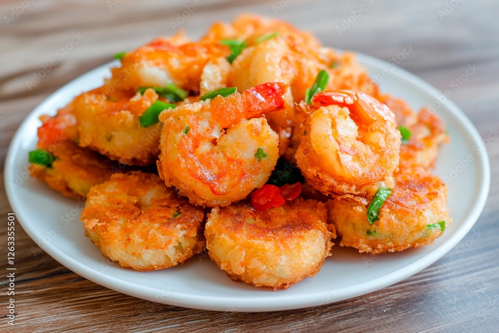 Crispy shrimp and vegetables served on a white plate in a cozy restaurant setting Crispy shrimp and vegetables served on a white plate in a cozy restaurant setting