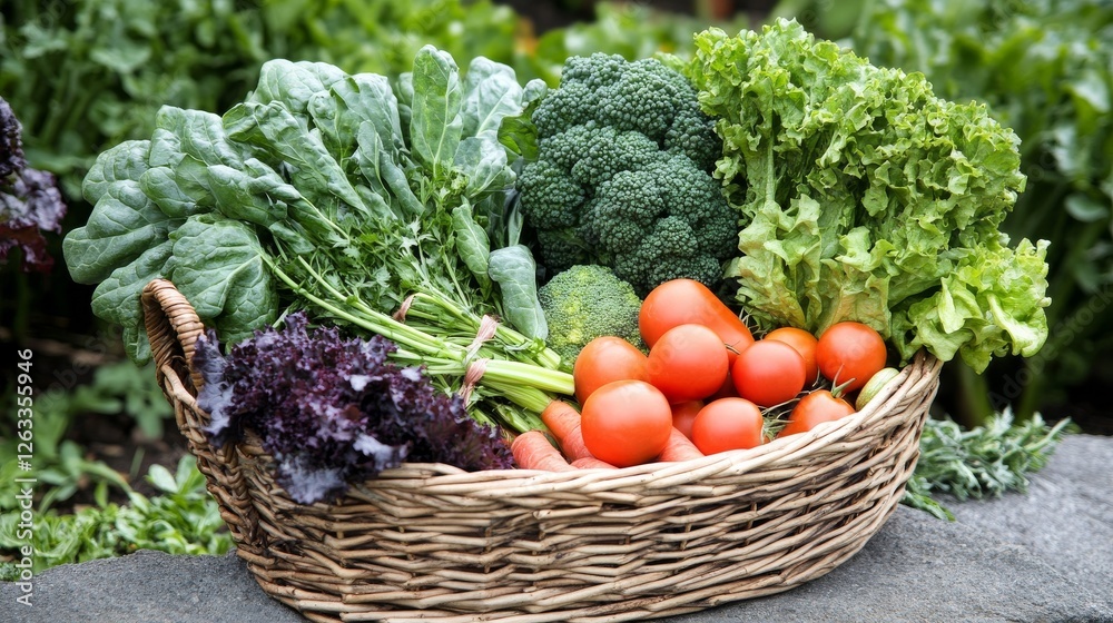 Fototapeta premium Wicker Basket of Fresh Greens and Tomatoes Broccoli, Spinach, Lettuce Composition, Healthy Food Concept, Garden Produce Healthy Eating, Farm Fresh
