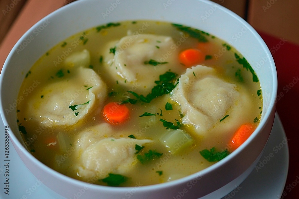 Warm bowls of dumpling soup filled with fresh ingredients and vibrant colors on a cozy table Warm bowls of dumpling soup filled with fresh ingredients and vibrant colors on a cozy table