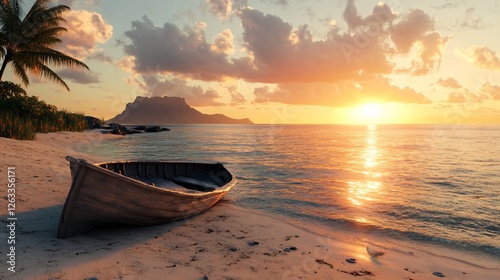 Sunset Scenery with Sailboat on Le Morne Beach