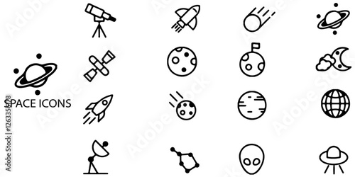 Space simple concept 16 icons set. Contains such Astronaut, planet, satellite, rocket, ufo, comet cartoon objects. Vector illustration.