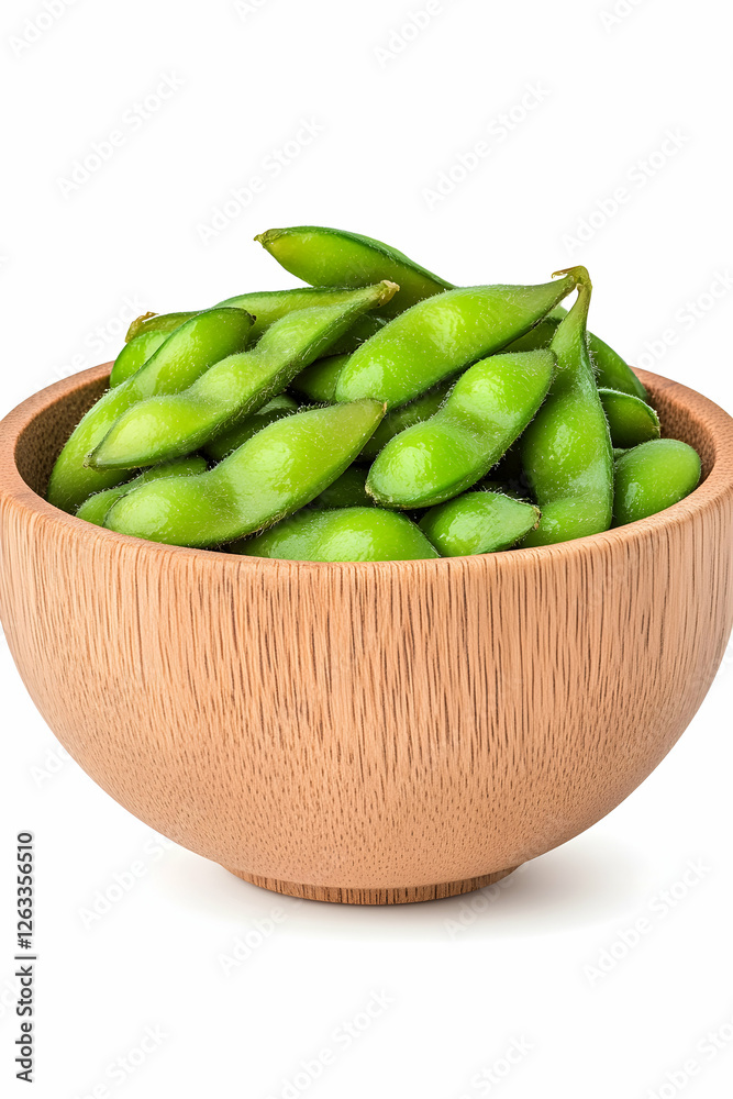 Edamame in wooden bowl, isolated on white background. Healthy snack for all uses. Generative AI Edamame in wooden bowl, isolated on white background. Healthy snack for all uses. Generative AI
