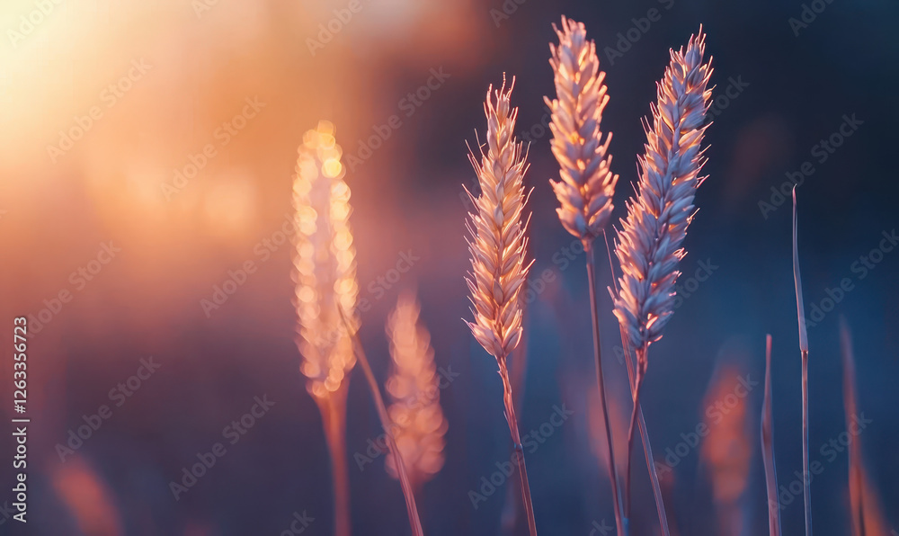 Fototapeta premium A Serene Sunset Over Golden Wheat: Capturing the Beauty of Nature's Harvest in Soft Light and Gentle Bokeh Effects