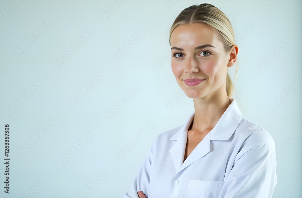 Female doctor in white robe on blue background. Copy space. Medicine template. Female doctor in white robe on blue background. Copy space. Medicine template.