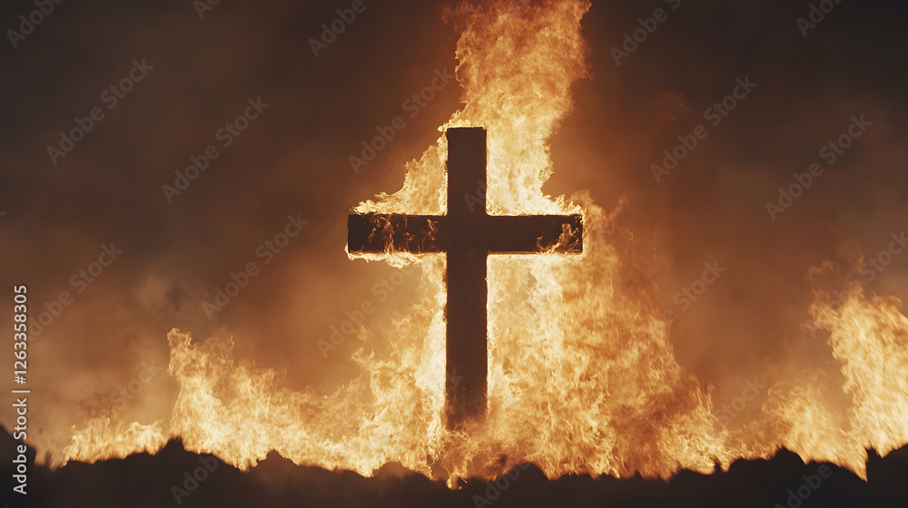 Fiery Cross: A stark symbol consumed by intense flames, representing concepts of faith, sacrifice, or destruction in a dramatic, infernal display. Fiery Cross: A stark symbol consumed by intense flames, representing concepts of faith, sacrifice, or destruction in a dramatic, infernal display.