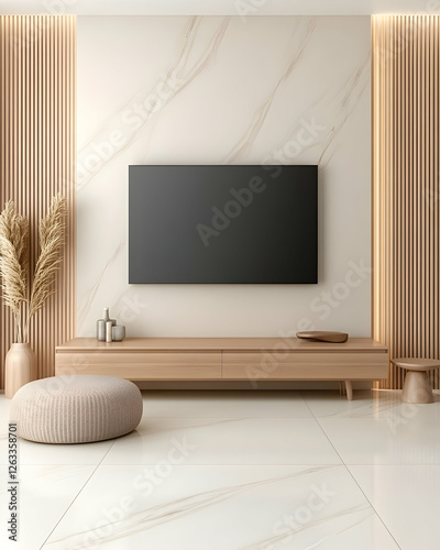 Living room with TV, beige walls and sofa, for real estate marketing use. Generative AI