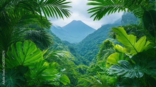 Lush jungle view framed by tropical foliage photo