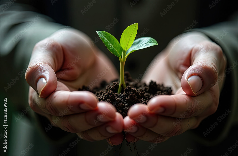 One small sprout in earth in hands, ecology theme One small sprout in earth in hands, ecology theme