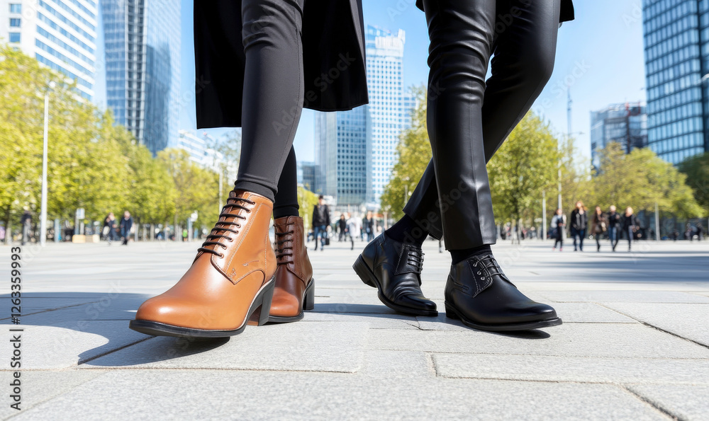 Fashionable Footwear on Modern Urban Street with People Walking in the Background Showing Trendy Styles and Dynamic City Life Fashionable Footwear on Modern Urban Street with People Walking in the Background Showing Trendy Styles and Dynamic City Life