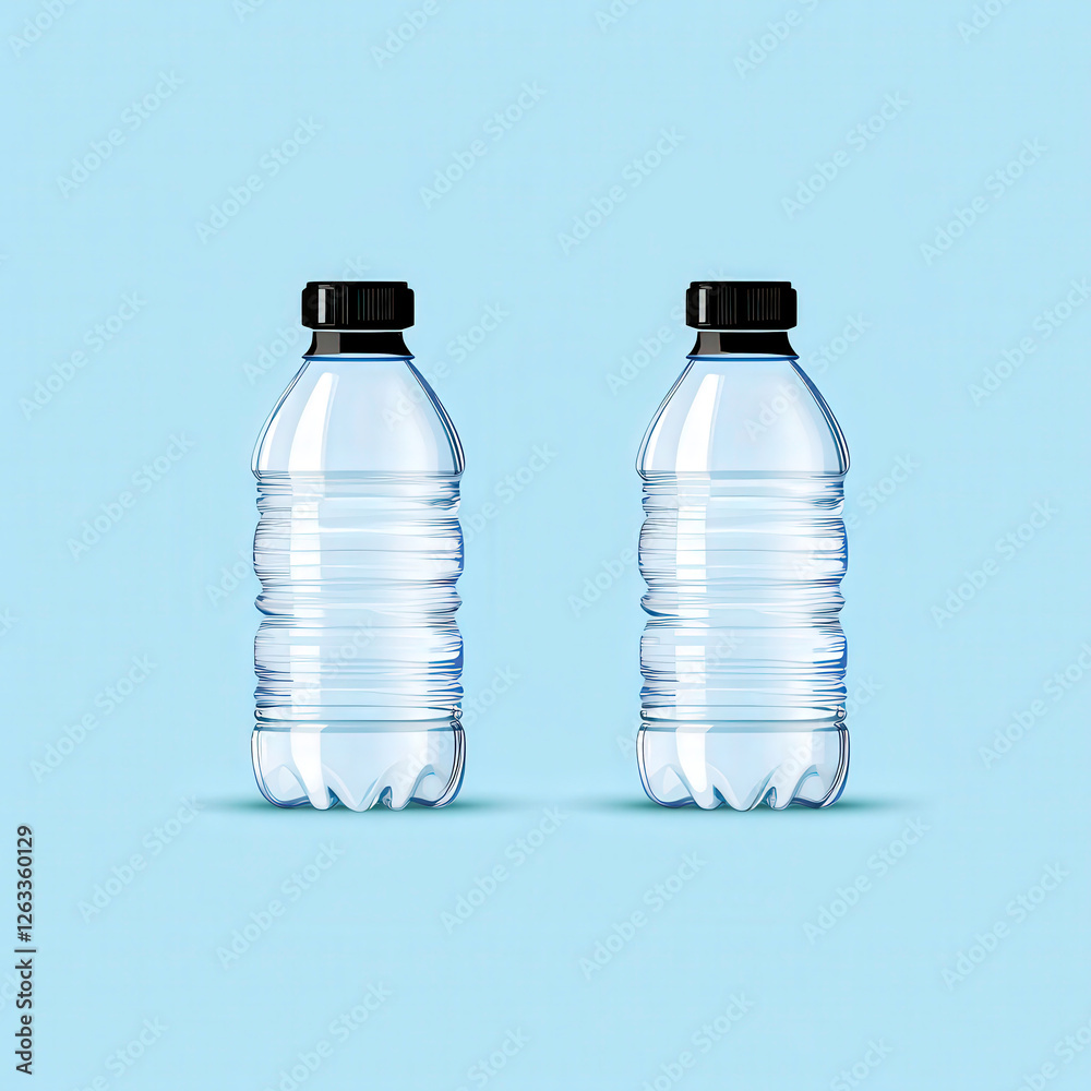 Two Clear Plastic Bottles of Water with Black Caps on Blue Background Perfect for Health and Wellness Promotions and Environmental Campaigns Two Clear Plastic Bottles of Water with Black Caps on Blue Background Perfect for Health and Wellness Promotions and Environmental Campaigns