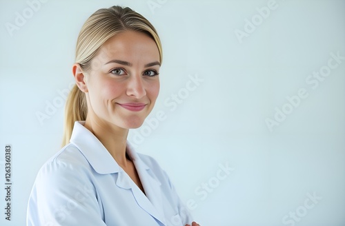 Female doctor in white robe on blue background. Copy space.