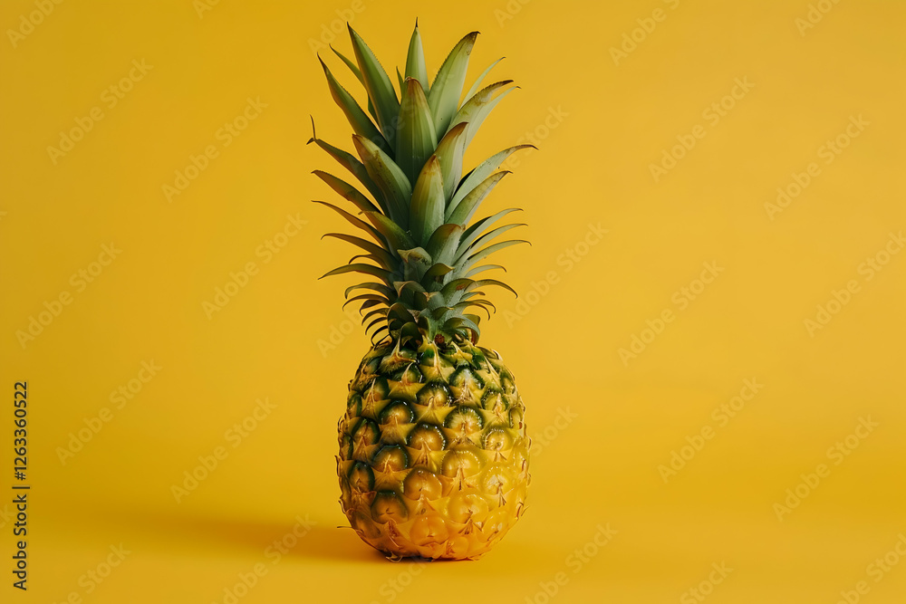 Fresh pineapple on a vibrant yellow background, showcasing its texture and color, ideal for food photography Fresh pineapple on a vibrant yellow background, showcasing its texture and color, ideal for food photography