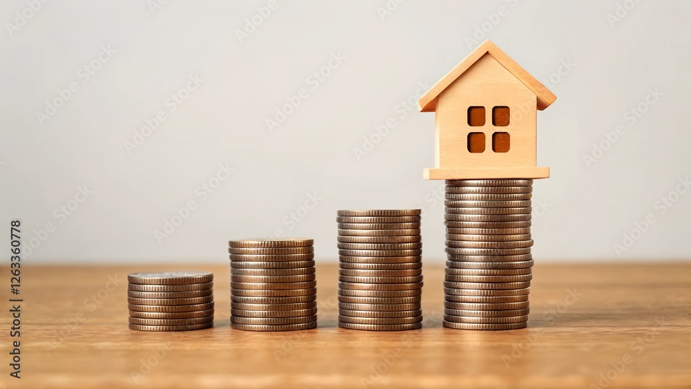 Investment growth small wooden house model on stacked coins business concept indoor view Investment growth small wooden house model on stacked coins business concept indoor view