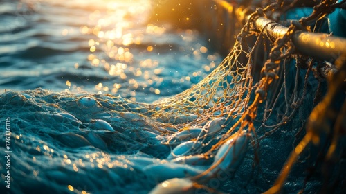 A trawl net, densely packed with fish, is being pulled up from the water, shimmering in the sunlight. This moment captures the vitality of marine life during a fishing expedition.