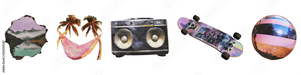Fototapeta premium Mountain, palms, boombox, skateboard, and ball vintage element set isolated on transparent background