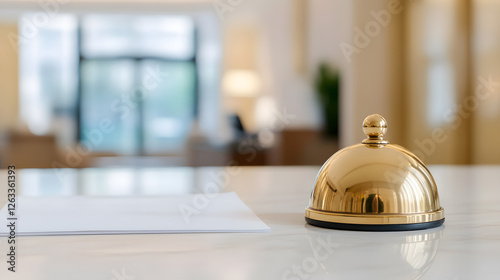 Reception Bell: Golden service bell with paper on counter in softly lit lobby, awaiting assistance. Elegant simplicity, focused on customer experience.