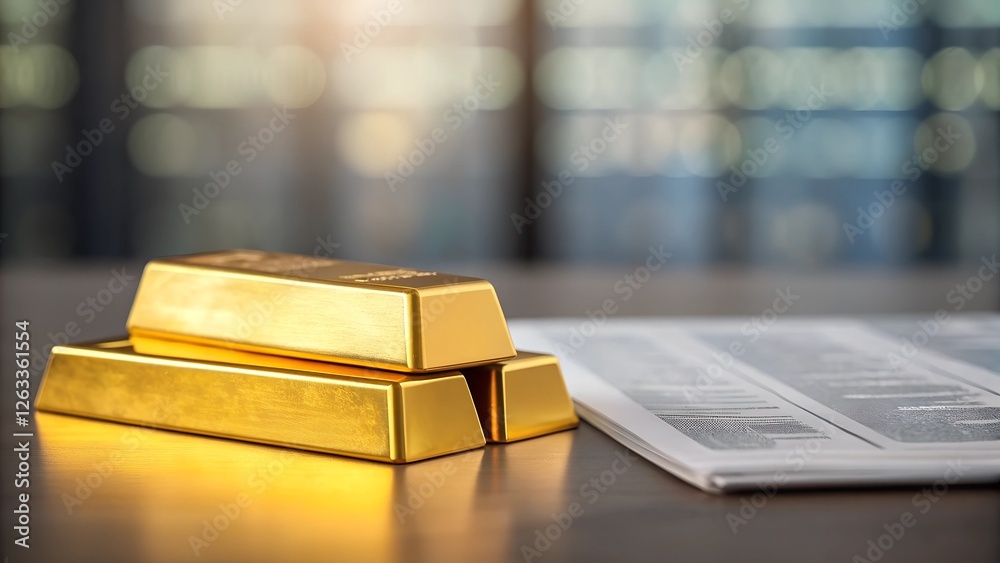 Gold bars displayed on a table financial setting business environment close-up view Gold bars displayed on a table financial setting business environment close-up view