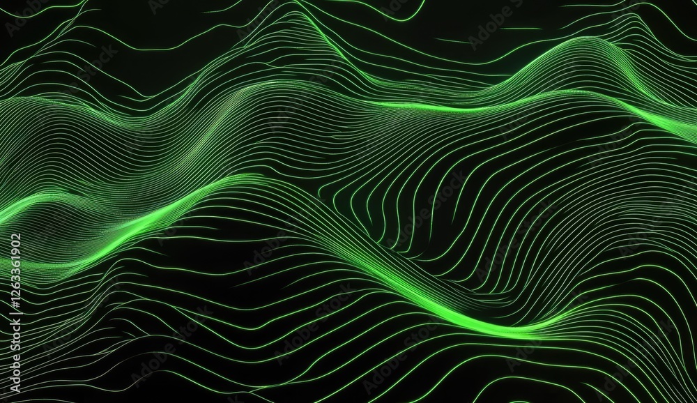 Abstract green wave data flow, digital landscape, dark background, tech design Abstract green wave data flow, digital landscape, dark background, tech design