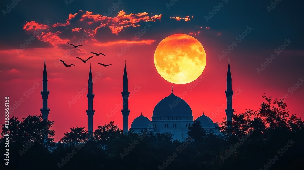Fototapeta premium Majestic Mosque Silhouette at Sunset with Blood Moon