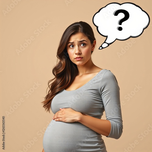 Confused pregnant woman with speech bubble, pregnancy journey concept illustration, worried expecting mother thinking, uncertain future questions about motherhood