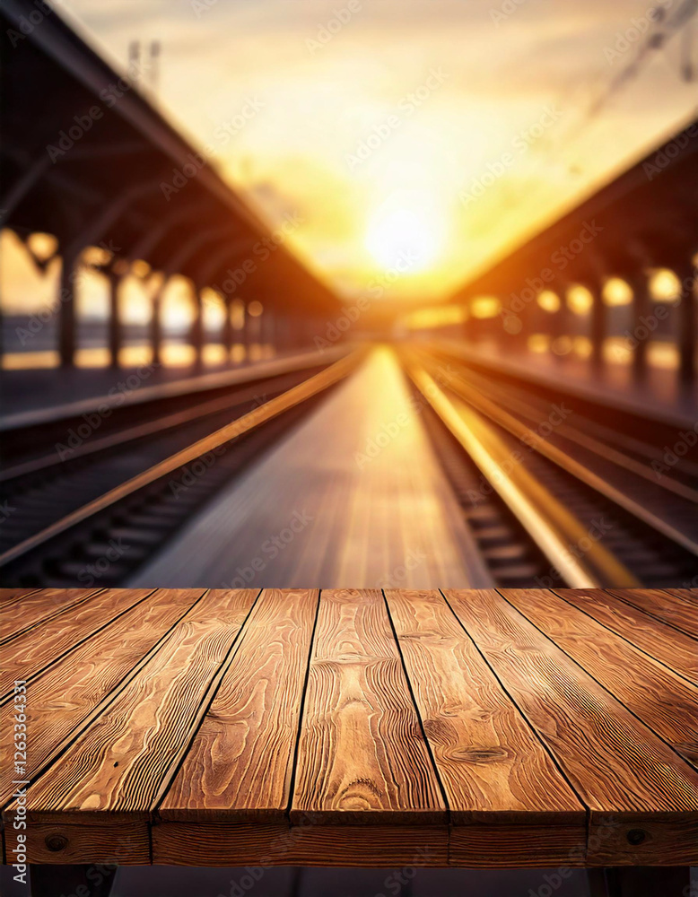 Obraz premium Empty table for product display with a blurred platform background at a train station. Urban lifestyle, travel concept, ideal for product marketing, advertising, transportation, and waiting space