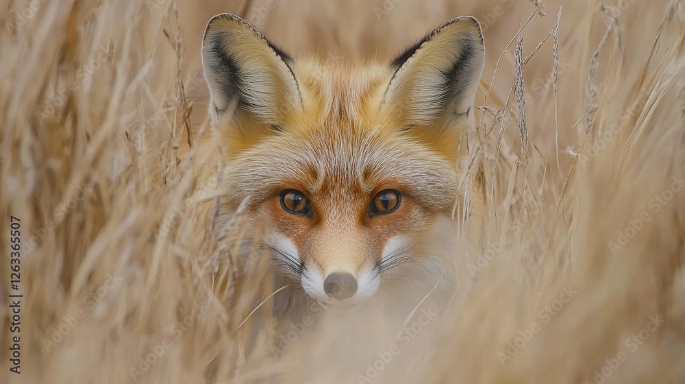 Fototapeta premium Red Fox Hidden In Tall Grass Observing