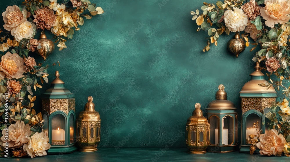 Fototapeta premium Elegant Ramadan Lanterns with Flowers on Teal Background Festive Islamic Decor