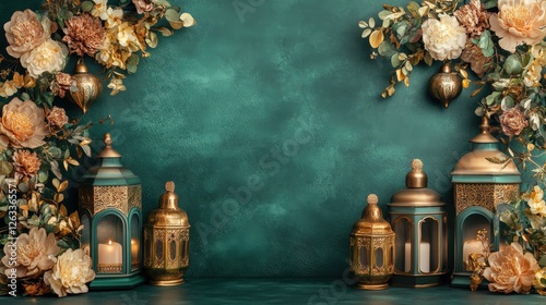 Elegant Ramadan Lanterns with Flowers on Teal Background Festive Islamic Decor