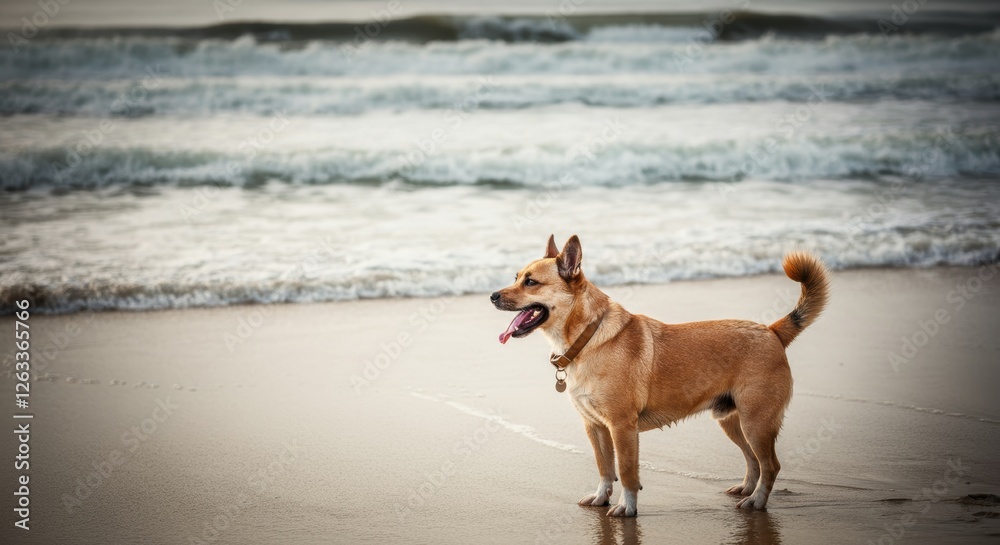 Happy tan dog enjoying a day at the beach with ocean waves Happy tan dog enjoying a day at the beach with ocean waves