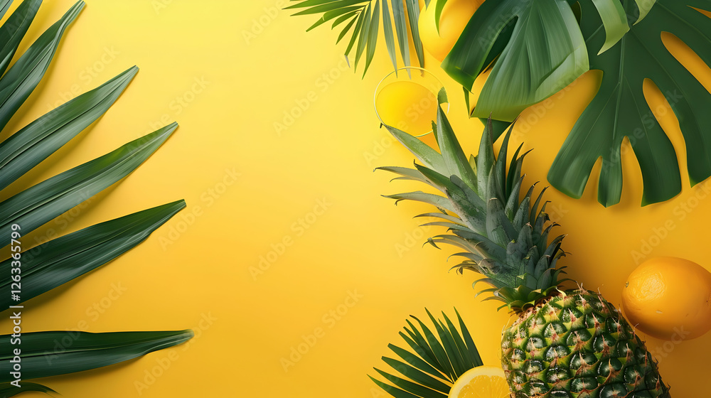 Obraz premium Tropical fruit arrangement featuring pineapple, lemon, and foliage on a vibrant yellow background