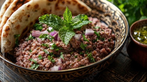 Traditional Lebanese Kibbeh Nayeh, Middle Eastern cuisine, earthy colors, cultural heritage and appetizing presentation photo