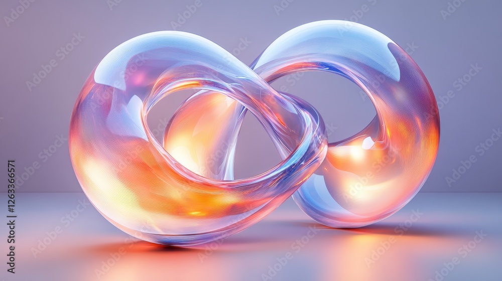 Obraz premium Abstract transparent glass helical strand with intersecting ruby and glacier blue lines on a softly illuminated dusk background