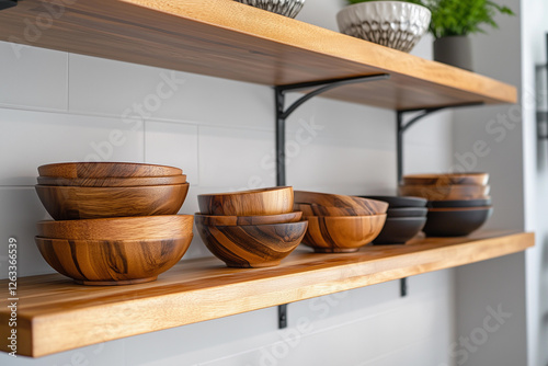 Modern kitchen shelf adorned with wooden bowls and utensils, showcasing a minimalist and stylish decor for any culinary space photo