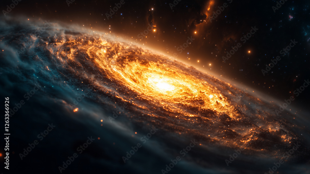 Fototapeta premium Dramatic Depiction of a Swirling Galaxy with Warm Light and Cloud Like Structure