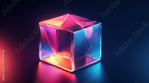 Abstract transparent glass pentagonal prism with glowing teal and vivid magenta lines on a gradient navy background, 3D rendering illustration of futuristic abstract shape with holographic element.