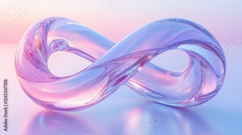 Abstract transparent glass infinity loop with soft lilac and glowing sapphire lines on a radiant sky blue background, 3D rendering illustration of futuristic abstract shape with holographic element.