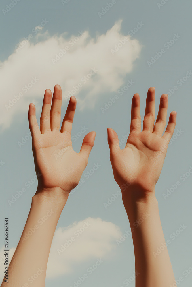 Embrace the Sky: A Symbol of Freedom and Connection Through Outstretched Hands Against a Serene Blue Background Embrace the Sky: A Symbol of Freedom and Connection Through Outstretched Hands Against a Serene Blue Background