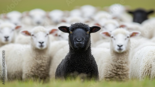Black sheep leads white flock in pasture