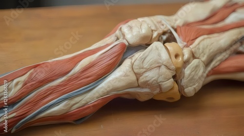 Anatomical model of a human leg showing bones and muscles.