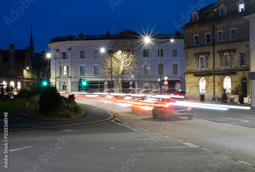 Long exposure of car trails on High street in Barnstaple illuminated at dusk