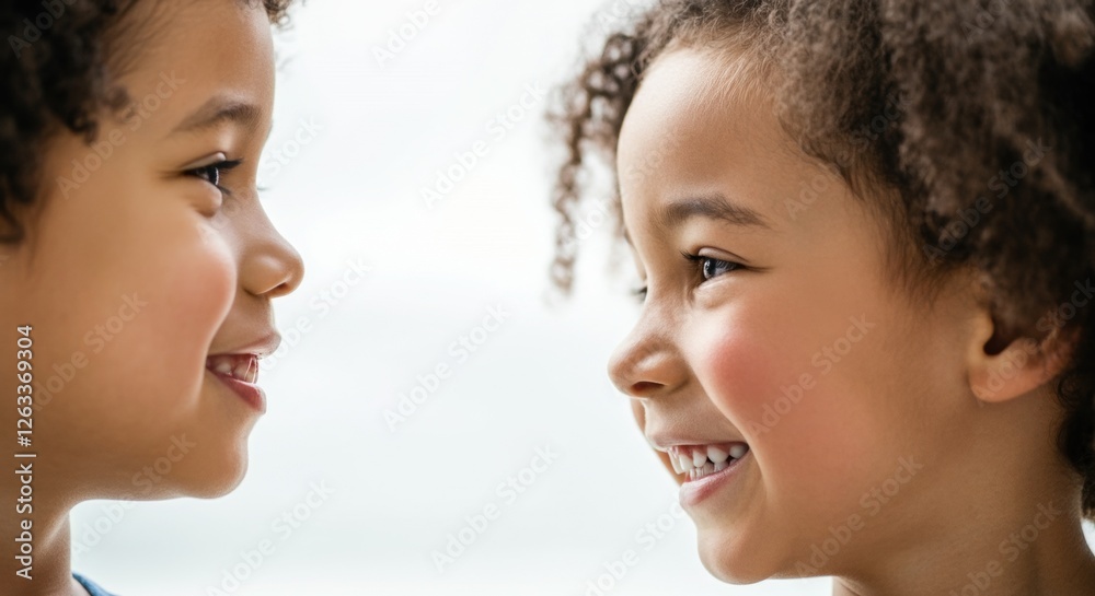 Joyful interaction between two african descent children smiling face to face Joyful interaction between two african descent children smiling face to face