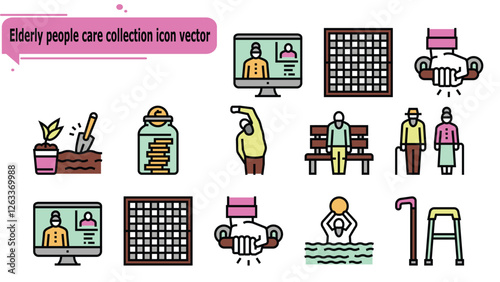Elderly people care collection icon vector